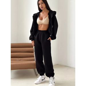वर्कआउट के लिए लंबी आस्तीन ज़िप अप फसल शीर्ष हुडी और चौड़े पैर पैंट महिलाओं के लिए कस्टम दो टुकड़ा ट्रैकसूट - Product Image 3