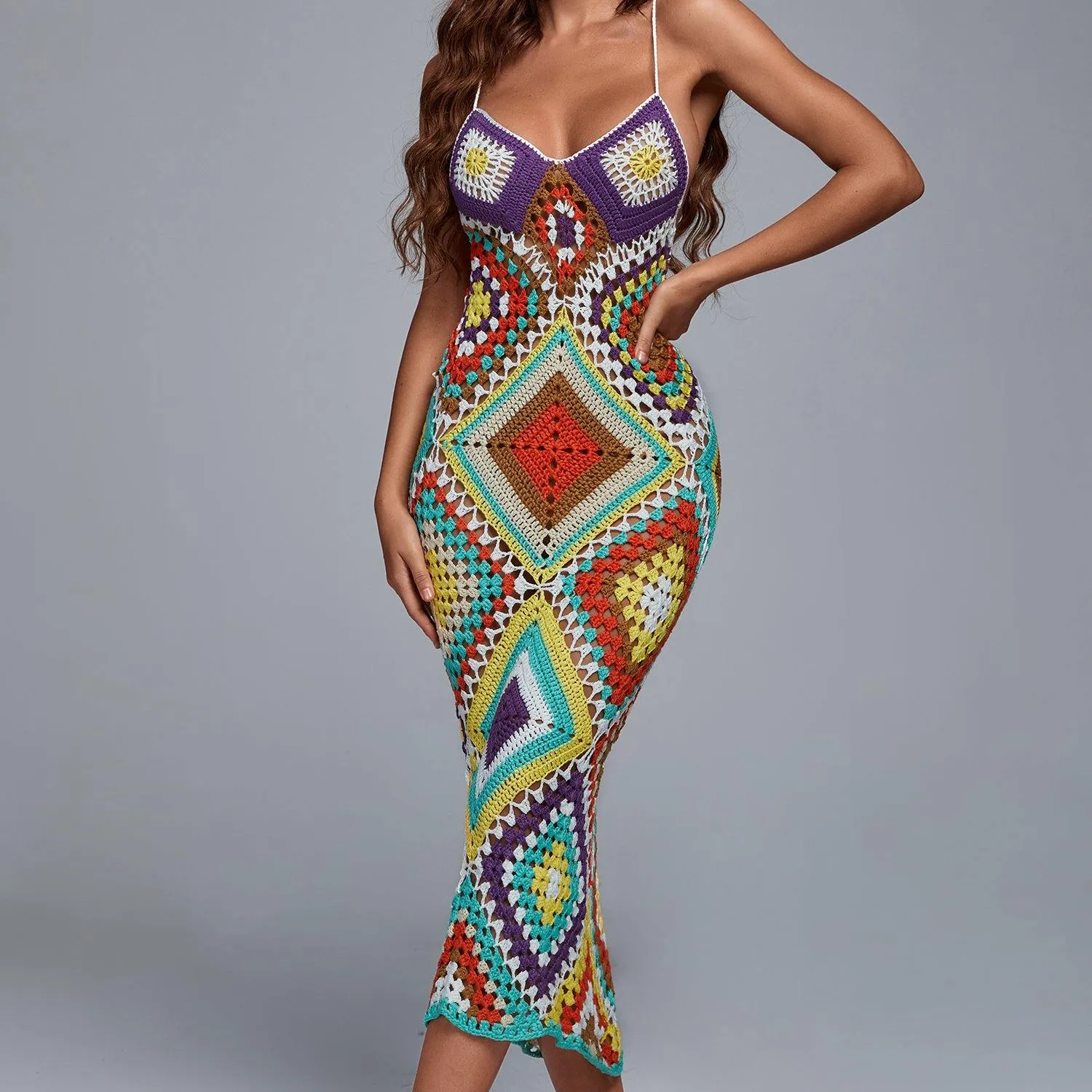 Lungo fatto a mano Lady Spaghetti Strap senza maniche Maxi Sexy Bodycon Crochet Knit Cotton Casual Dress Summer Beach Women Dress 2023