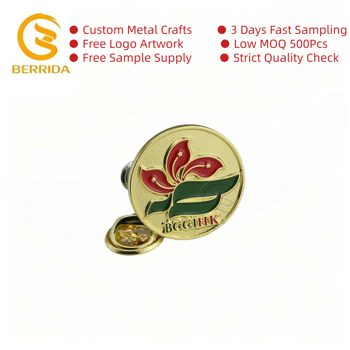 Insignia redonda de flor de Bauhinia verde roja esmaltada chapada en oro