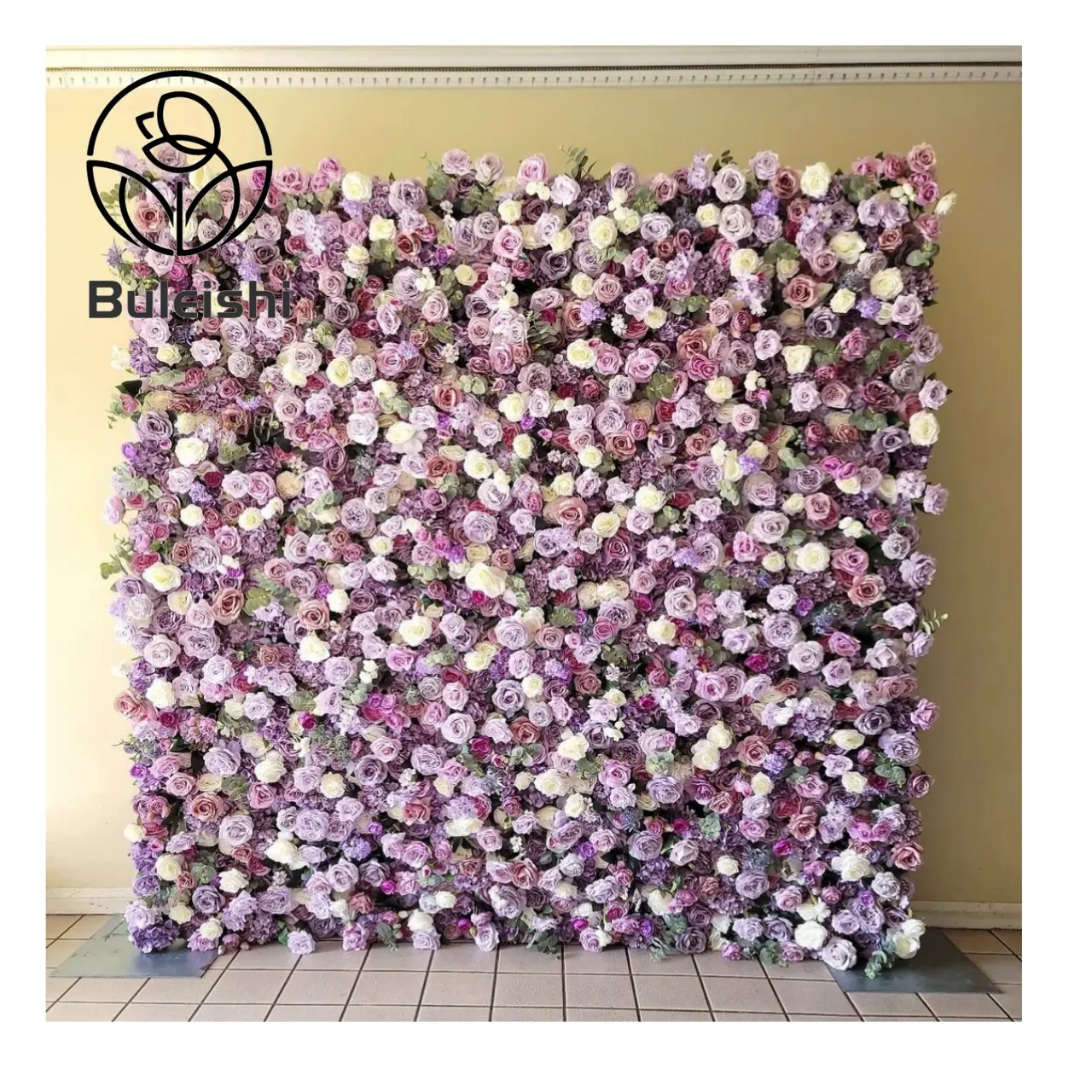 Pared de flores 8ft * 8ft en tela de seda artificial rosa púrpura blanco 3D decoración de la boda Pared de flores