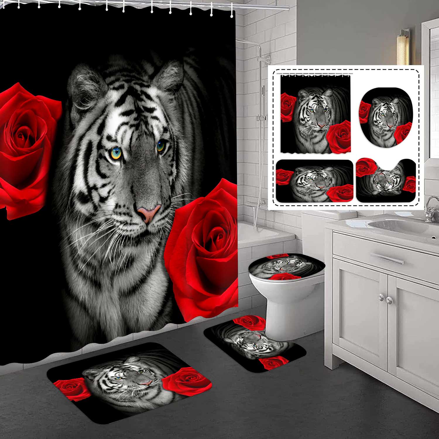 Lion (15) Tigre noir et rouge avec rose rouge