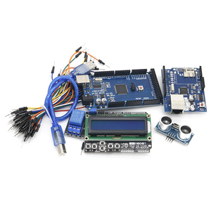 Kostenloser Versand Mega 2560 r3 für Arduino-Kit + HC-SR04 + Broadcast-Kabel + Relay-Modul + W5100 Schild + LCD 1602 Tastaturschild