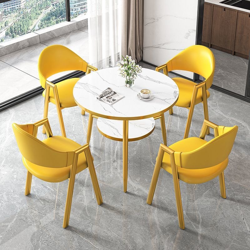 Round table + 4 yellow leather chairs-gold legs