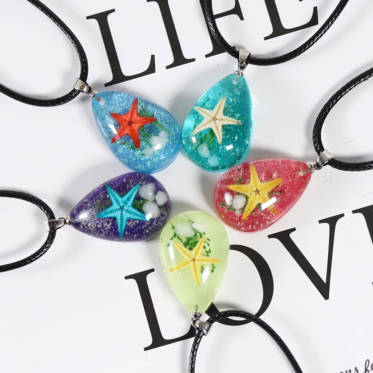 Vintage Korea Paraffined Cute Glow Dark Ocean Necklace Real Sea Starfish Resin Pendants For Kid