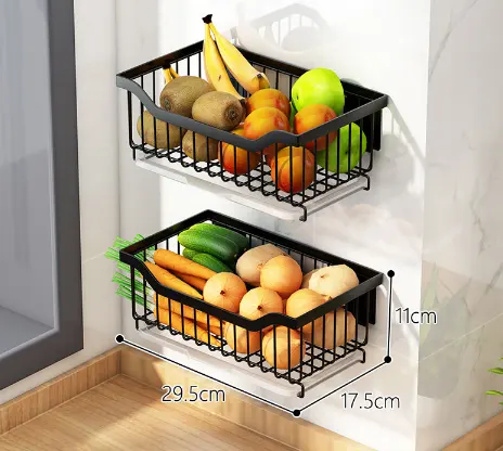 Cesta de almacenamiento de frutas y verduras montada en la pared, alambre de Metal, color negro, 2 o 3 niveles, para el hogar, venta al por mayor