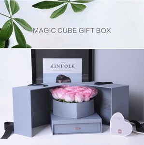 RM Caja De Embalaje De Floresファクトリーマジックキューブスクエアハート型引き出しダブルオープニングリボンフラワーパッケージギフトボックス