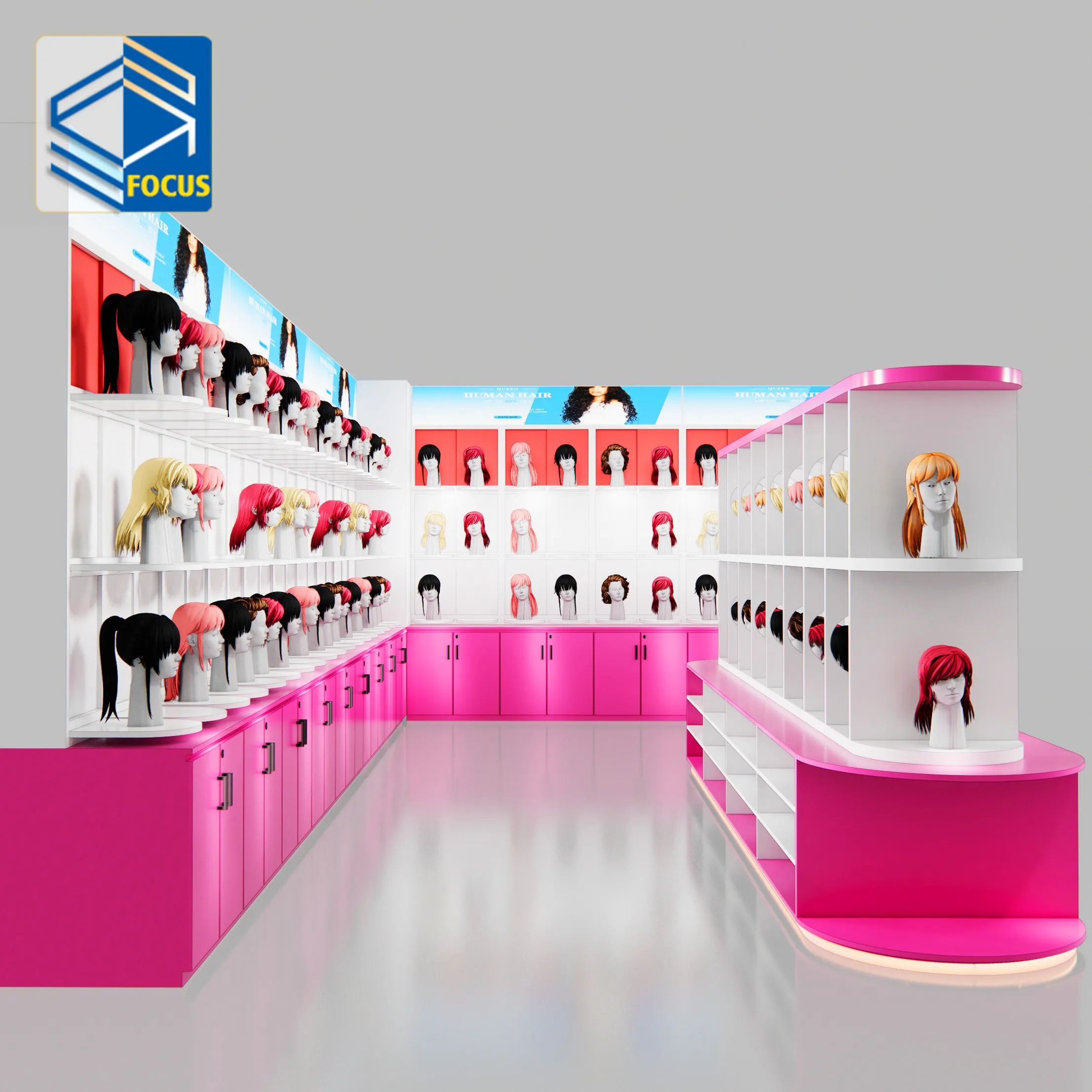 Beauty Shop Wig Display Showcase Furniture Beauty Store Display Hair Extension Salon Wall Display Cabinet For Wig Store Design