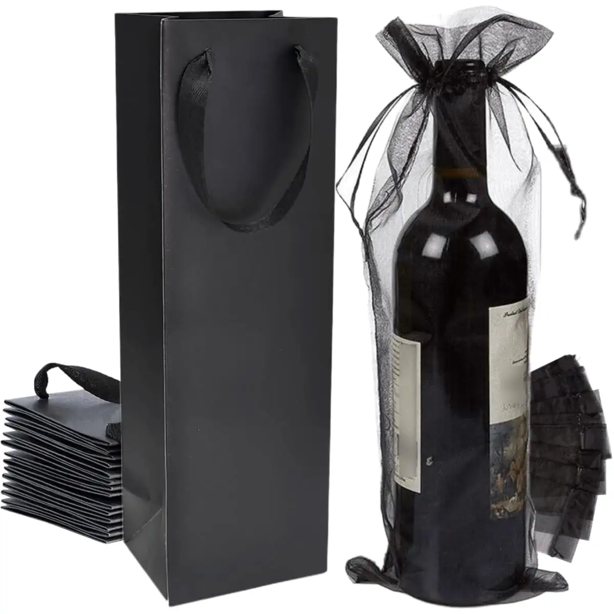 Venta al por mayor a granel simplicidad reutilizable Tote botella de vino negro regalo bolsa de papel Kraft con embalaje de organza