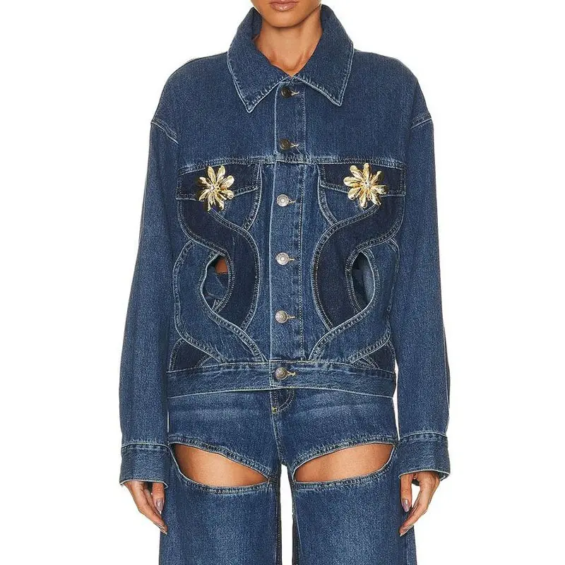 Mode Herbst Winter New Cool Streetwear Einzigartige Vintage Patchwork Hollow Out Übergroße Jeans Jeans Jacken mantel für Frauen