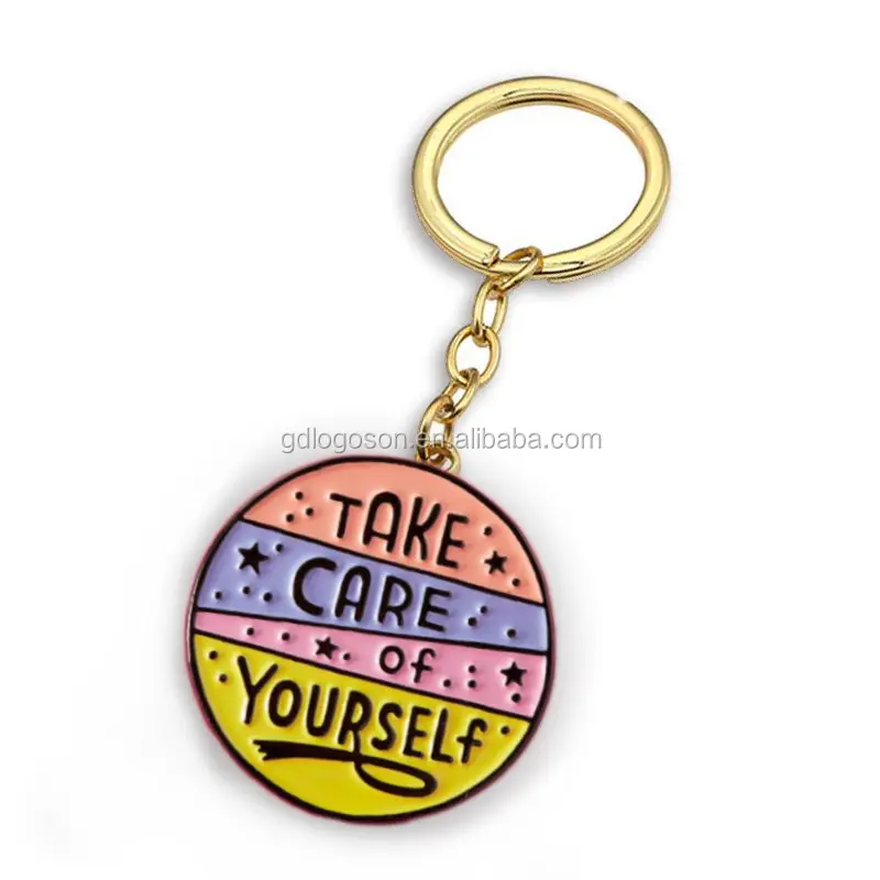Manufacturer Gold Travel Souvenirs Custom Made Round Metal Keyring Take Care of Yourself Enamel Keychain