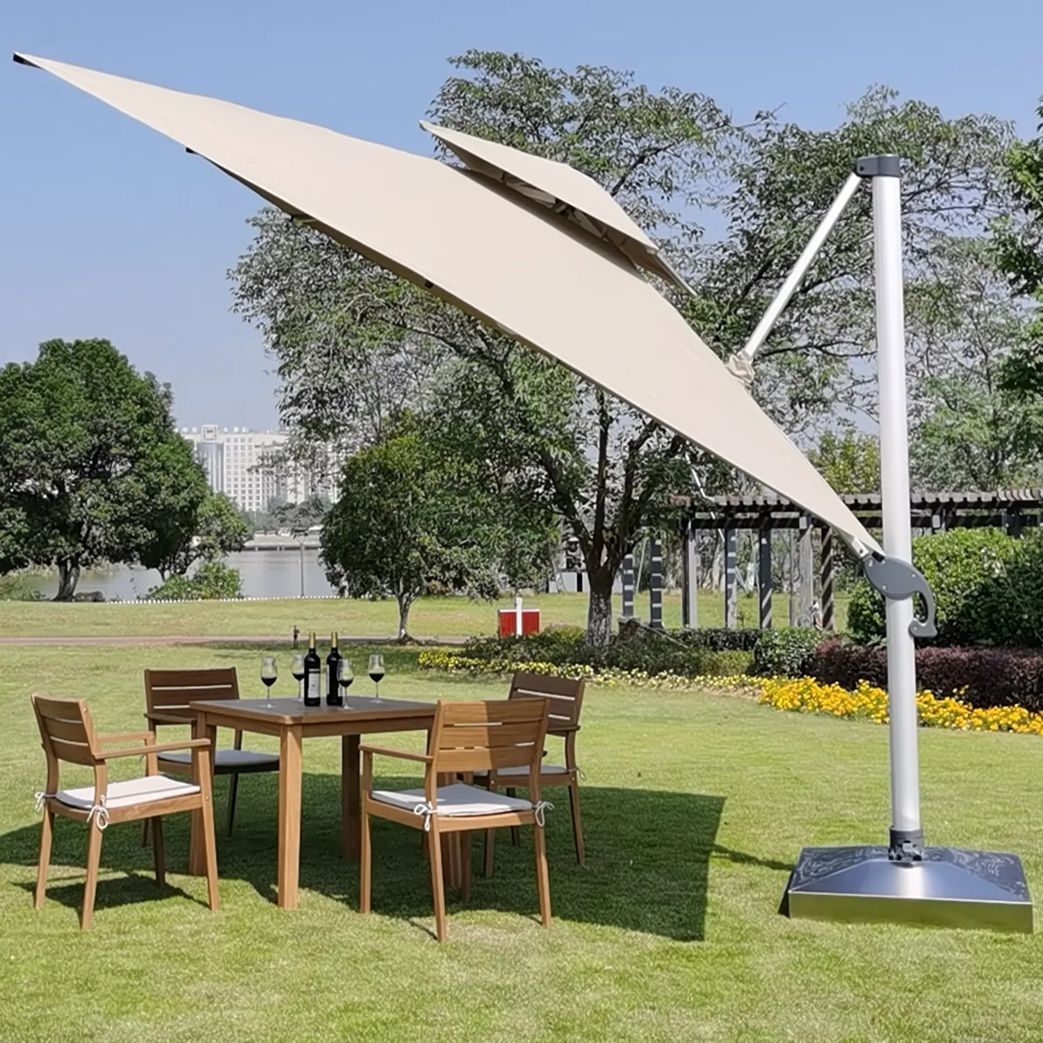Ourdoor Aluminium Offset Sqare 3.5m Sunshade Roma Outdoor Umbrella Patio Parasol with Solar Light Garden Cantilever Umbrellas