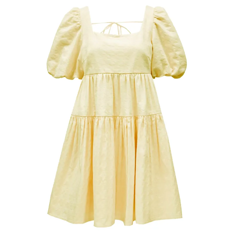 Lovely square neck puff sleeves Solid color cotton women's elegant women's high-waisted short-sleeved dress plus size