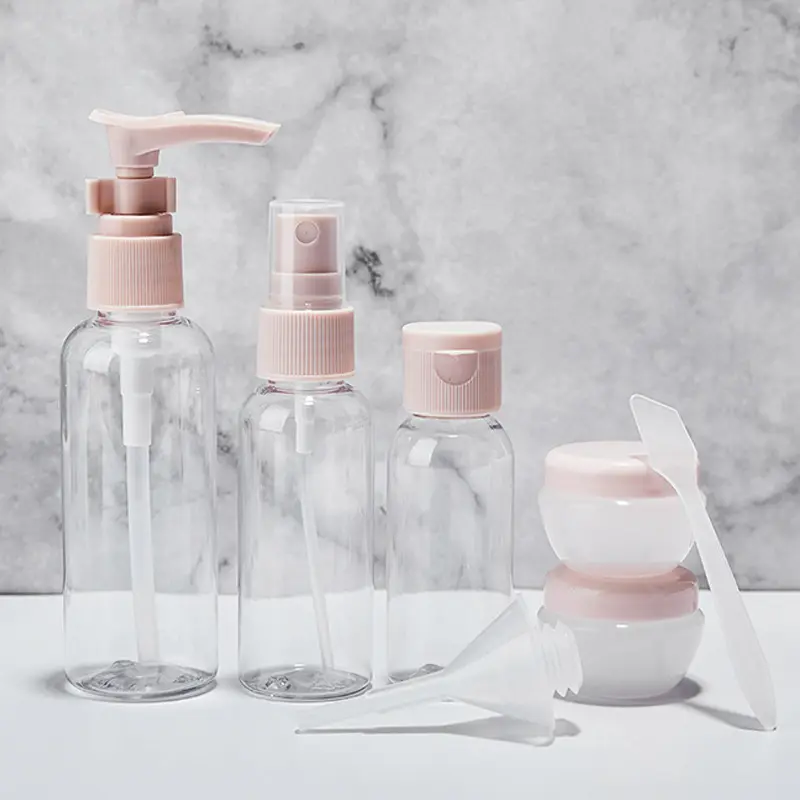 Mini Set di bottiglie da viaggio bianche rosa per imballaggi cosmetici, Set da viaggio in plastica contenitore cosmetico, Kit da viaggio bottiglie di plastica