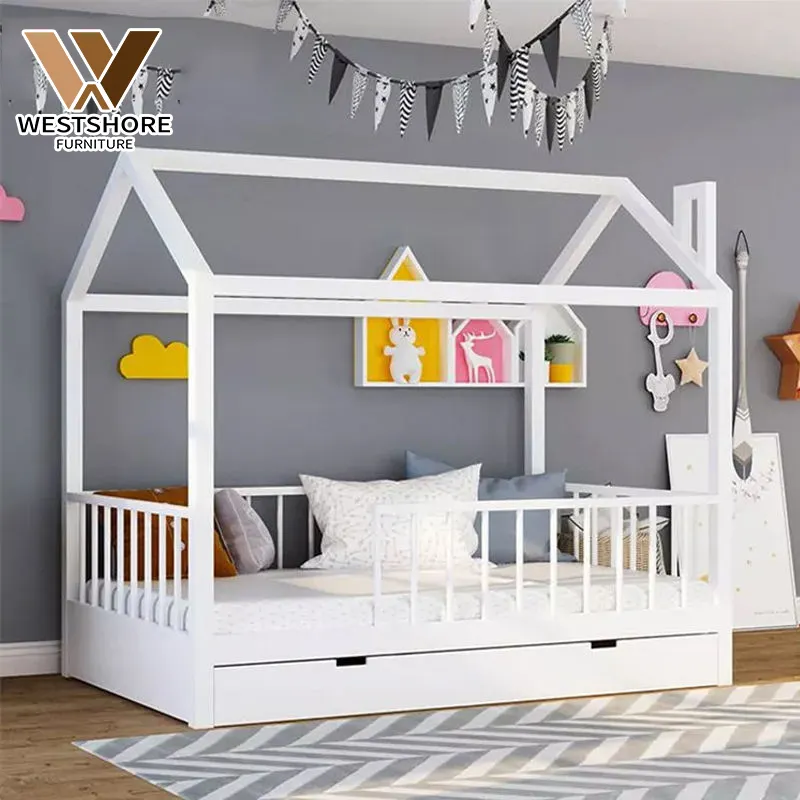 West Costa-cama para niños pequeños, mueble con marco de madera maciza, con cajón, barandilla, techo de cielo