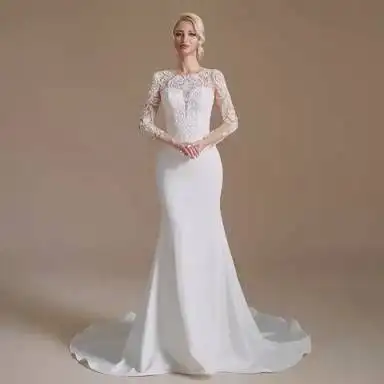 S1120A 2024 manches longues dentelle perlée col haut sirène robe de princesse blanc Beige printemps robe de mariée
