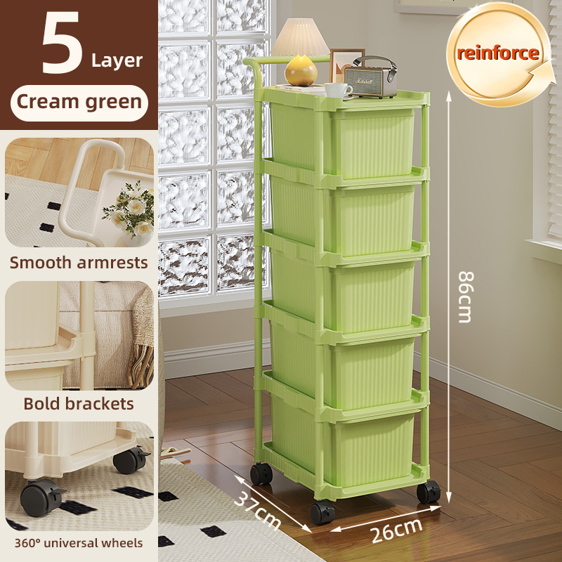 Light green 5-drawer cart with storage and omnidirectional wheels