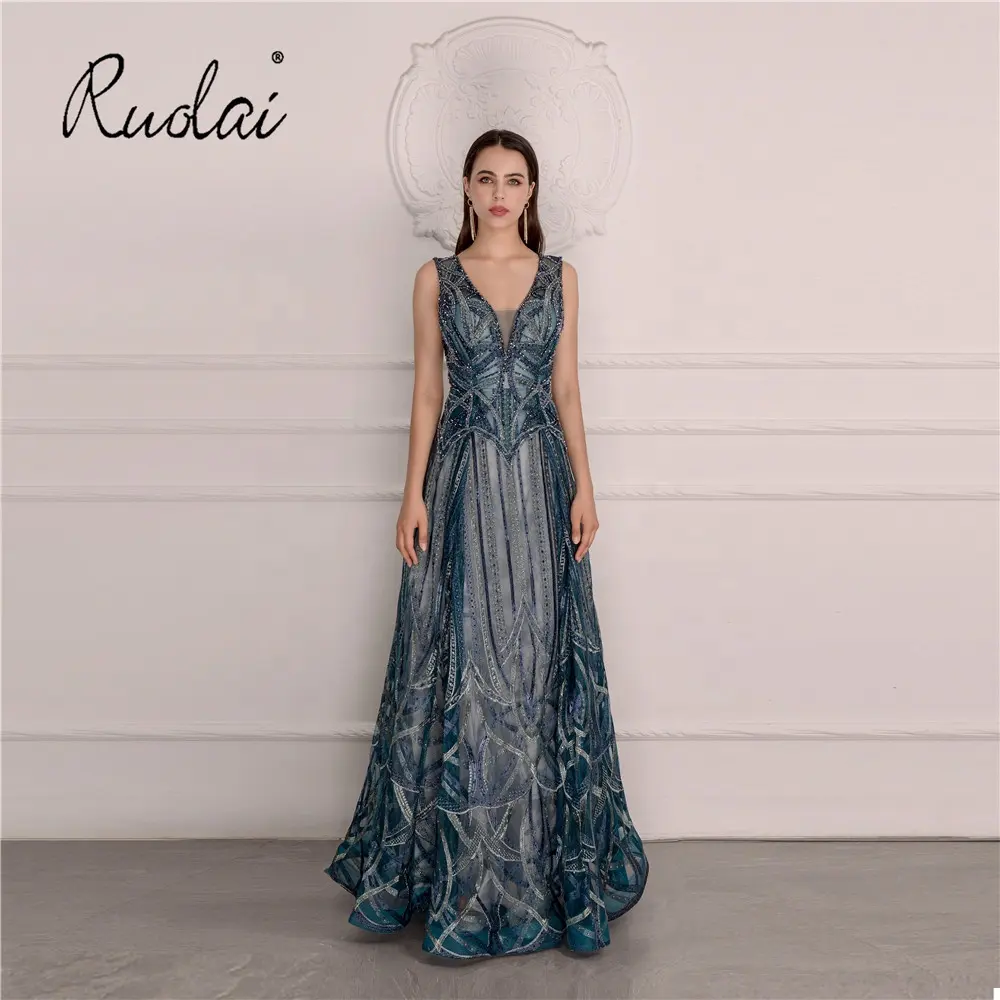 RUOLAI ASA-0144 scintillante perline di cristallo A-Line Prom Dress senza maniche scollo a V Backless A-Line donne abiti da sera