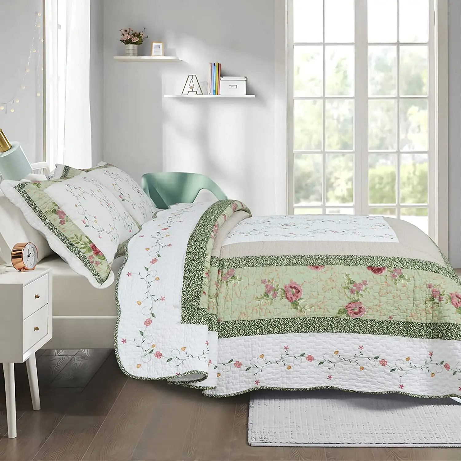 Set di biancheria da letto trapuntato lavato copriletto floreale piccolo stile Country americano 3 pezzi