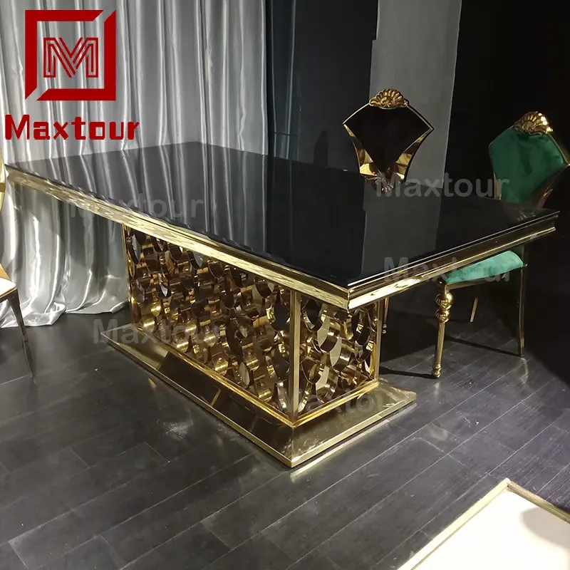 Foshan móveis de vidro mesa de jantar conjunto de mesa de jantar restaurante do metal do ouro de luxo com 6 cadeiras para venda