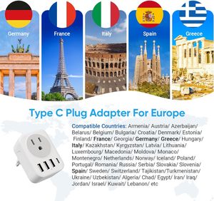 トラベルアダプターUSソケットからEUプラグ、3つのUSBポートとType-Cポート - Product Image 3