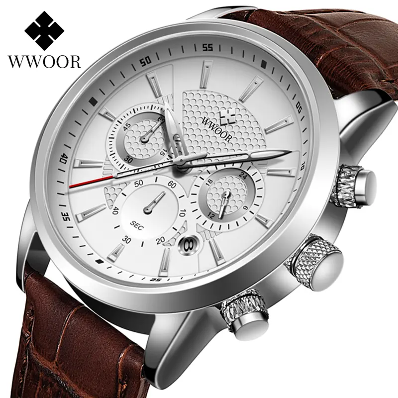 Relógios de pulso para homens wwoor 8845, relógios esportivos de quartzo com pulseira de couro e cronógrafo