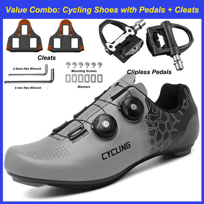 Chaussures de vélo de route grises + Pédales clipless + Crampons