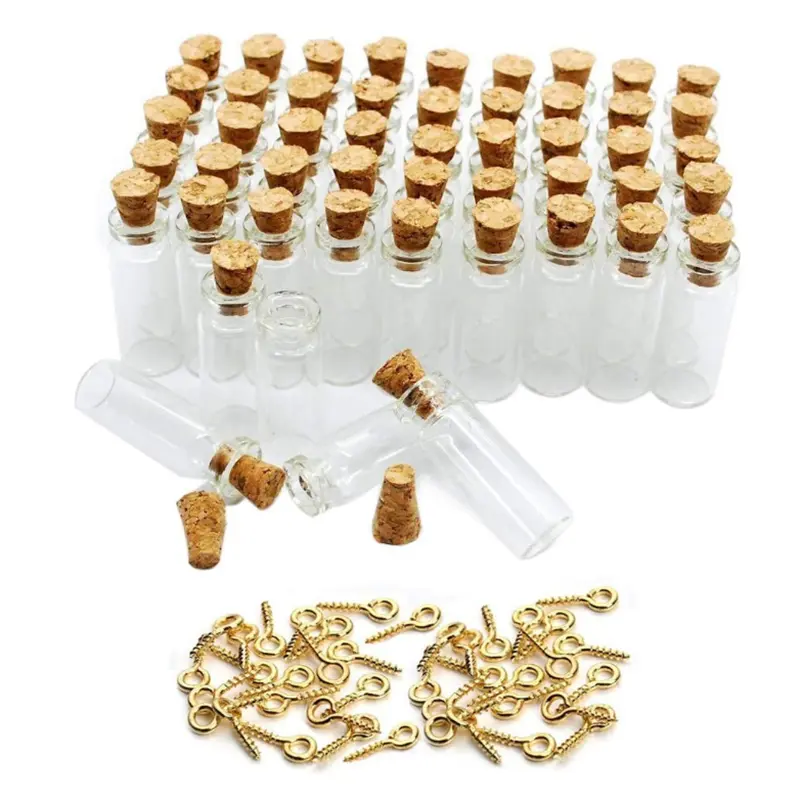 Mini botellas de vidrio con tapones de corcho, frascos pequeños para decoración artesanal con tornillos de ojo de Metal, 0,5 ml, 2ml