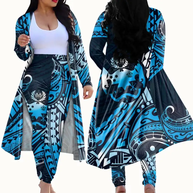 Abrigo y pantalón con estampado personalizado para mujer, 2 piezas, 2021, tatuaje puro, estilo polinesiano Tribal, Tonga