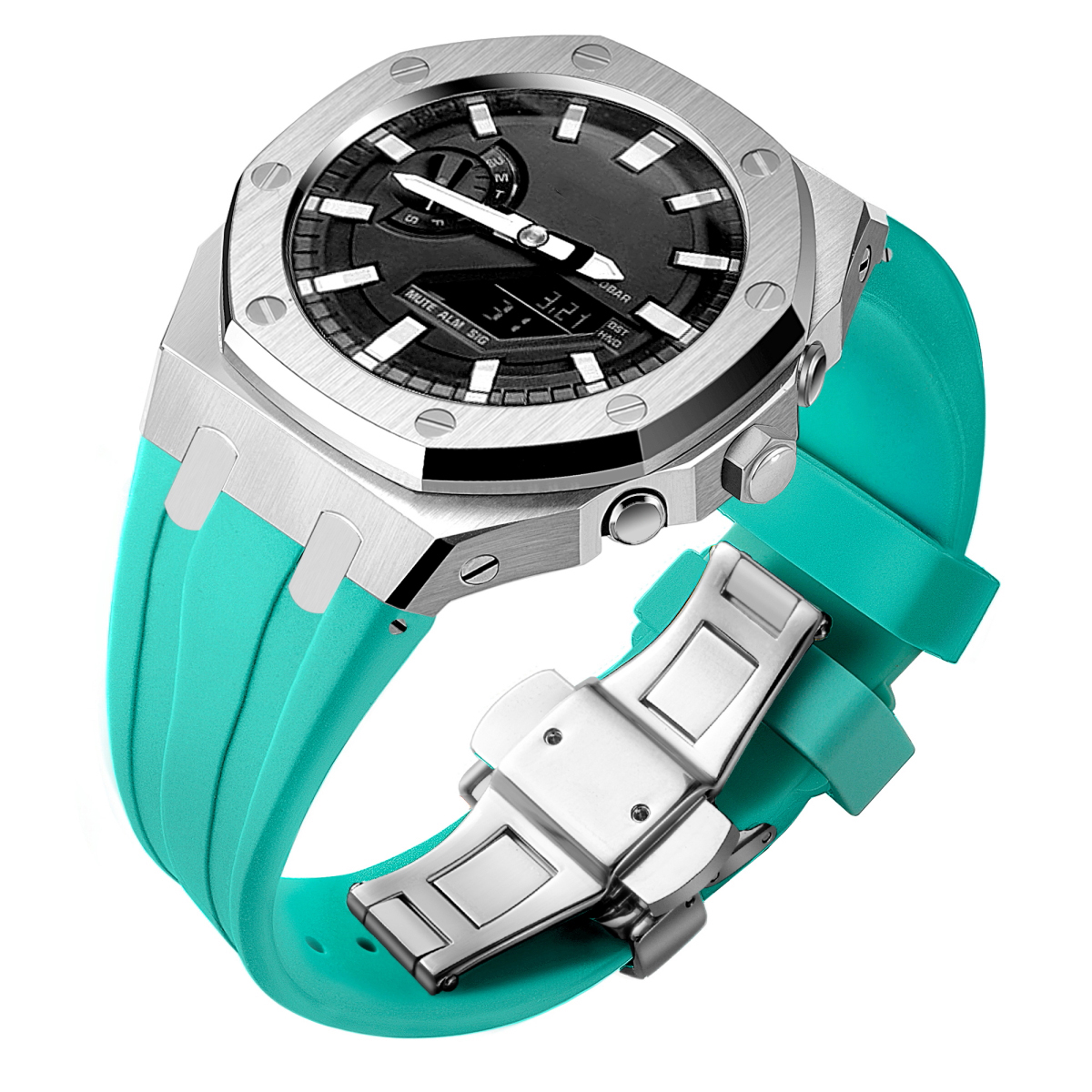 Boîtier argenté + bracelet bleu clair