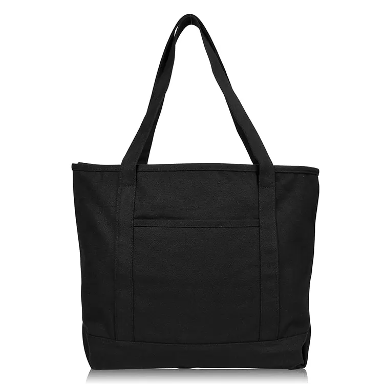 กระเป๋าผ้าแคนวาสแบบมีซิปสีดำล้วนผ้าฝ้ายออร์แกนิกโลโก้ออกแบบได้ตามที่ต้องการ