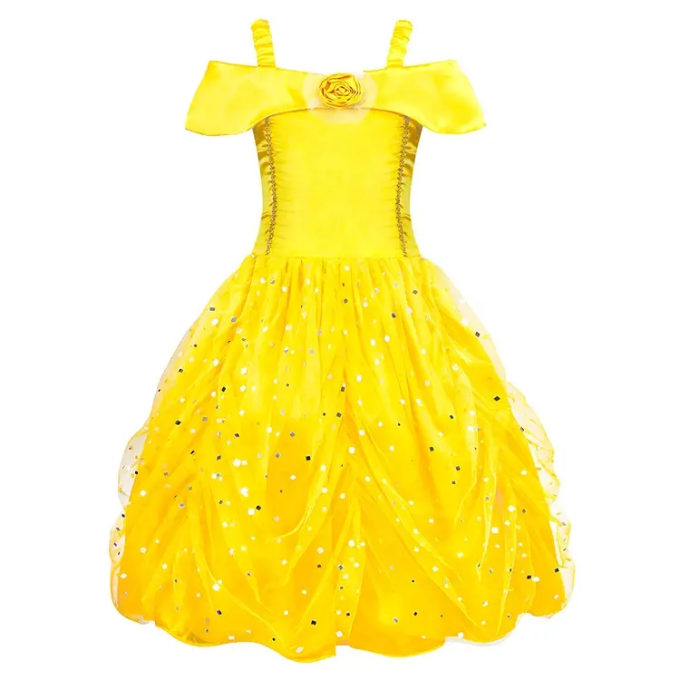 Nova Beleza Belle Beast Princess Dress Prom Dress Costume Crianças Crianças Roupas Girl Dress Strap Off Shoulder Layered Party 5pcs