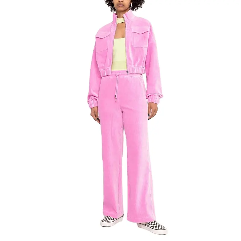 Cropped Jacket And Straight-leg Trousers Pink Ribbed 2 Piece Set Women's Corduroy Tracksuit Wholesale