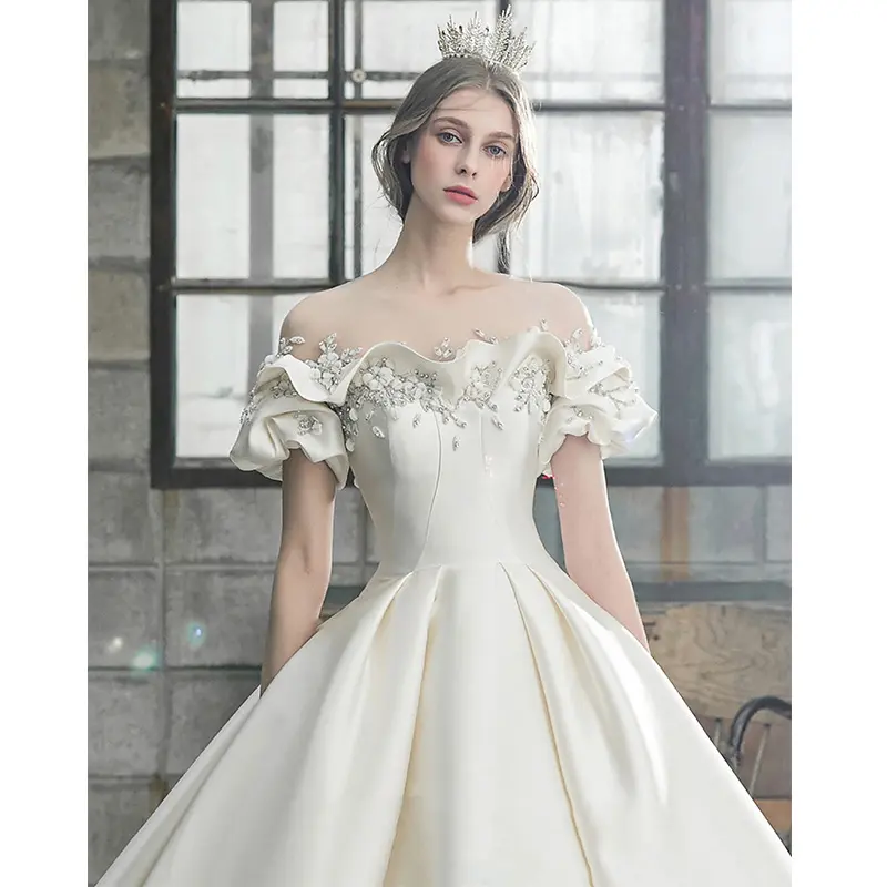 2368 elegante novia un hombro Puff manga satén vestido de novia Vintage Fairy Trailing vestidos de matrimonio