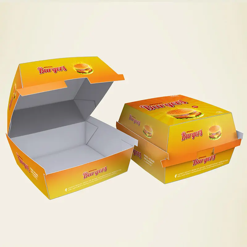 Custom Printing Food Grade Paper Burger Box Disposable Hamburger Packaging