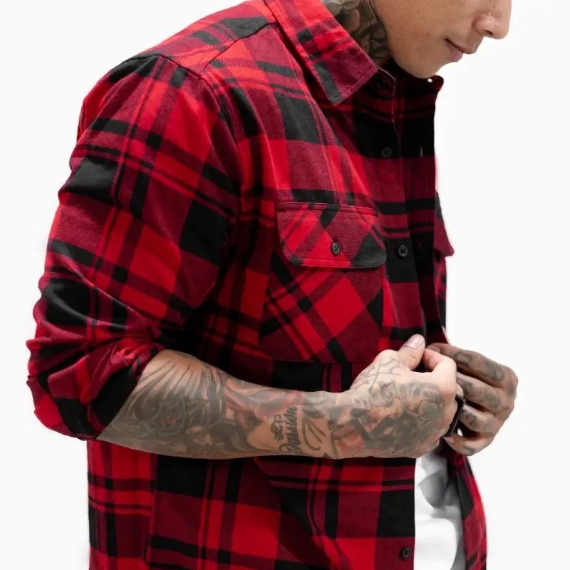 Acolchado de invierno de franela para hombre, camisa de vestir negro y rojo cheque camisas Regular fit diseños personalizados al por mayor