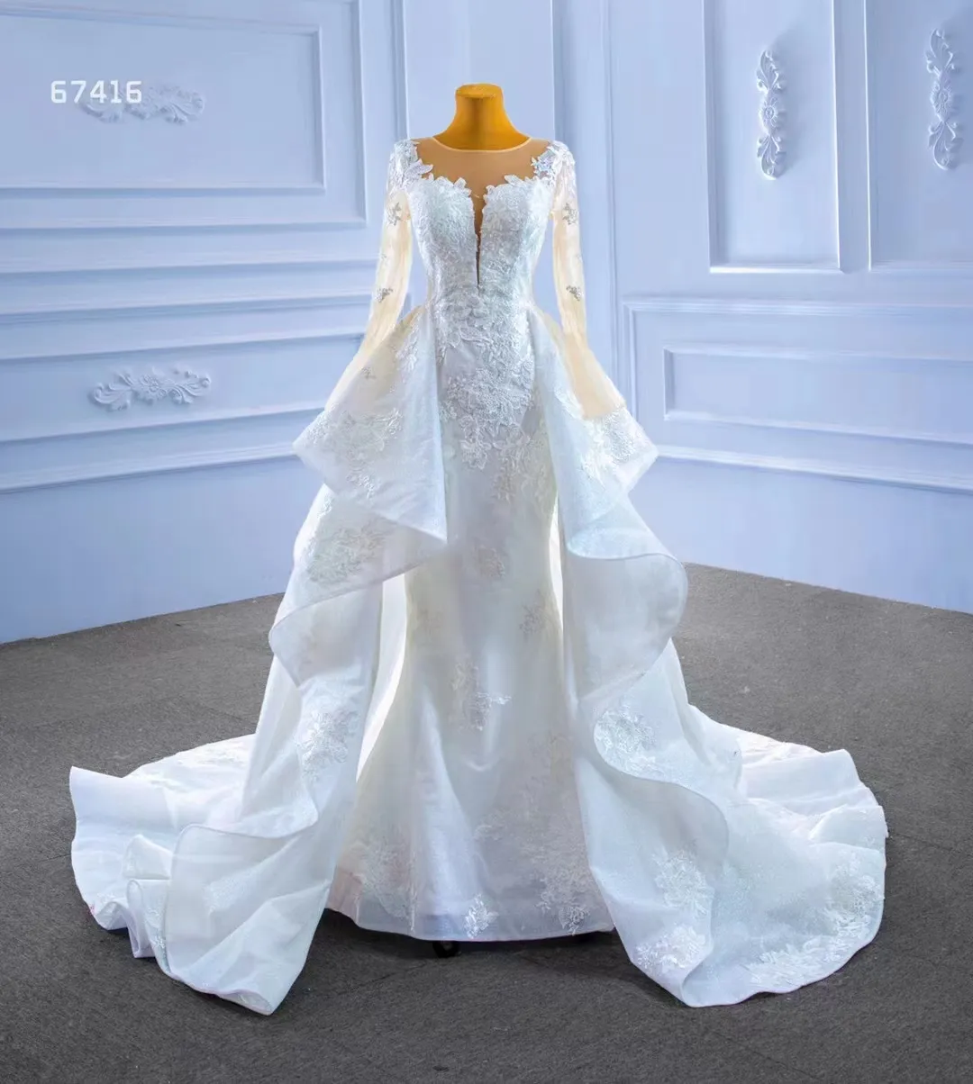 RSM67416 New Style Round Neck Bling Wedding Dress Long Sleeve Folds Tailing Bridal Dress