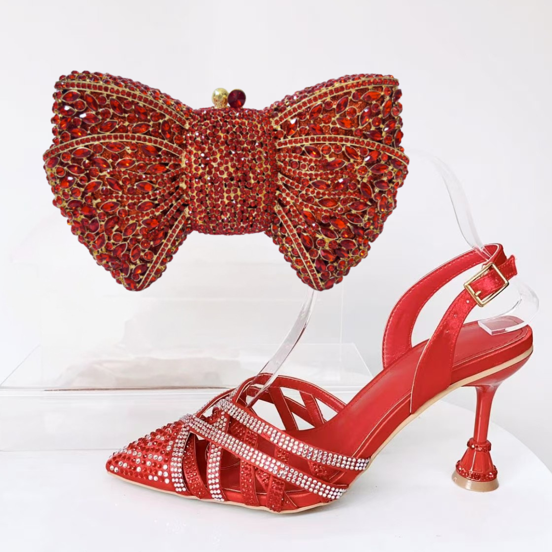 2 red shoes and bag