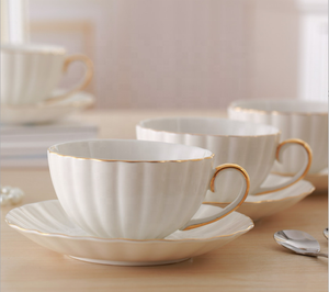 热卖瓷白色压花定制设计陶瓷杯碟金缘骨瓷茶杯碟 - Product Image 3