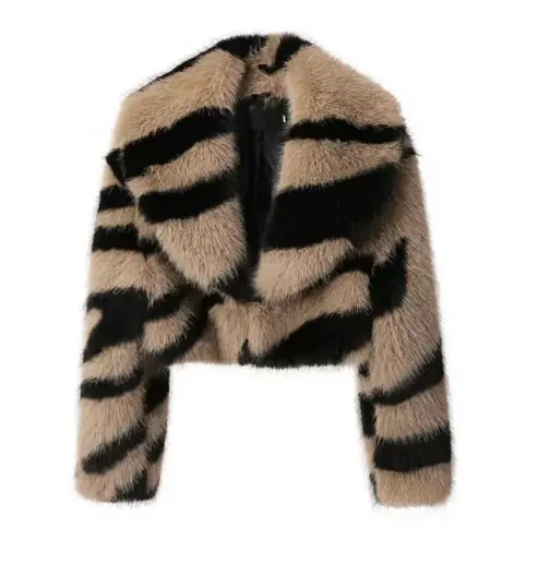 Jaket crop gaya zebra untuk wanita, mantel bulu halus bulu palsu mewah hangat model baru musim dingin 2023, mantel P