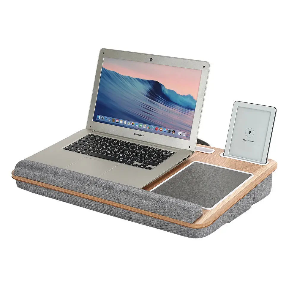 Vassoio da letto portatile in legno per laptop con tappetino per mouse cuscino morbido per cuscino adatto a 17 pollici + supporto per tablet per telefono integrato per Laptop