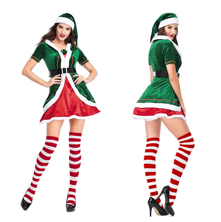 Высококачественный бархатный костюм для влюбленных, Зеленый дух рождественских эльфов, костюмы для женщин и мужчин, косплей для рождественской вечеринки