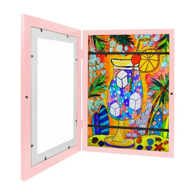 2023 New Natural Pine Wood Front Opening Frame Kids Art Front-open Easy Change 50 Picture Kids Art Frame