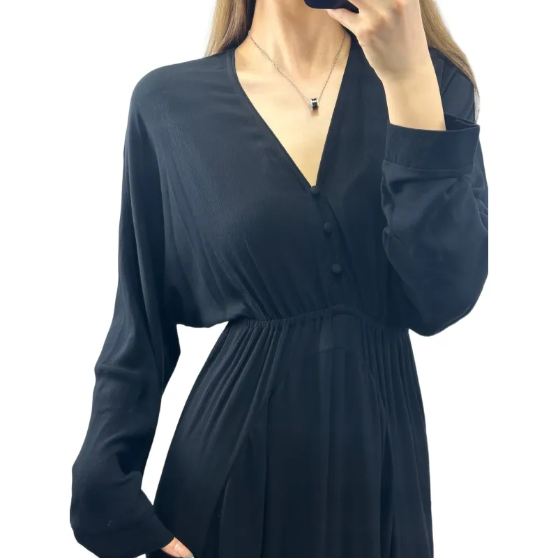 Blusa com decote em V, vestido de noite de cintura elástica sólida, vestido feminino preto, manga comprida, plissado, cor sólida, com estampa
