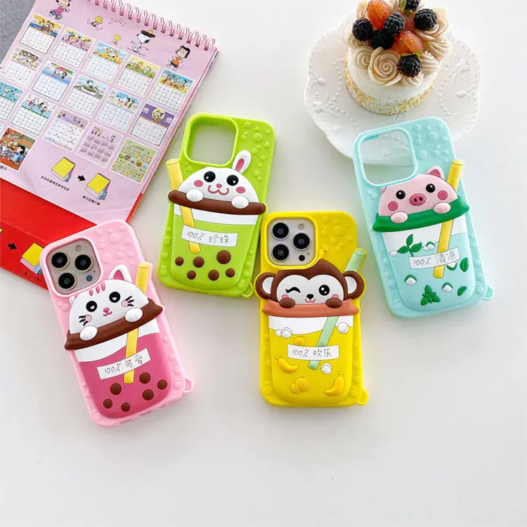 Ins style cute 3D cartoon animal design bubble tea custodia morbida in silicone per cellulare per iphone 6 7 8 x xr xs max 11 12 13 pro