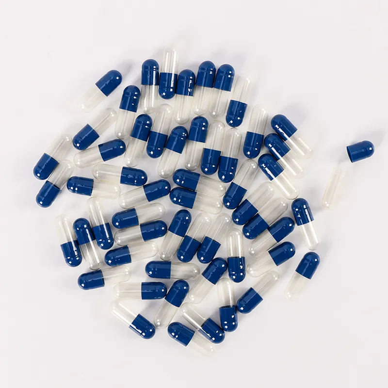 Cápsulas vacías semitransparentes azul blanco tamaño 00 0 1 2 3 4 logotipo impreso cápsulas de almidón vegano vegetariano