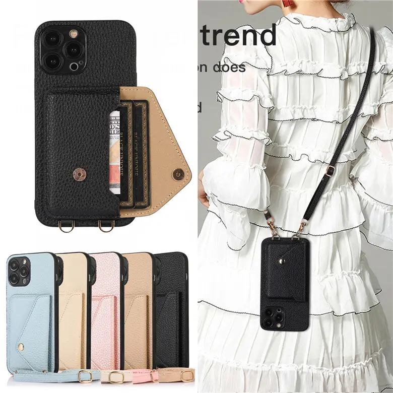 Card Holder Wallet Phone Case for IPhone 14 13 12 11 Pro Max XR XS X 8 Women Lanyard Chain Strap Cord Crossbody Bag Cover