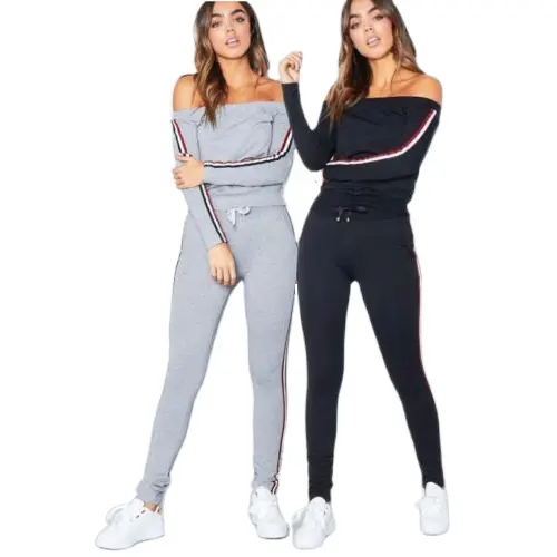 Weg von Der Schulter Zwei Stück Set Outfits Gestrickte Set 2020 Sexy Jogger Yoga Weiß Slim Fit 100% Baumwolle Benutzerdefinierte Frauen track Anzüge