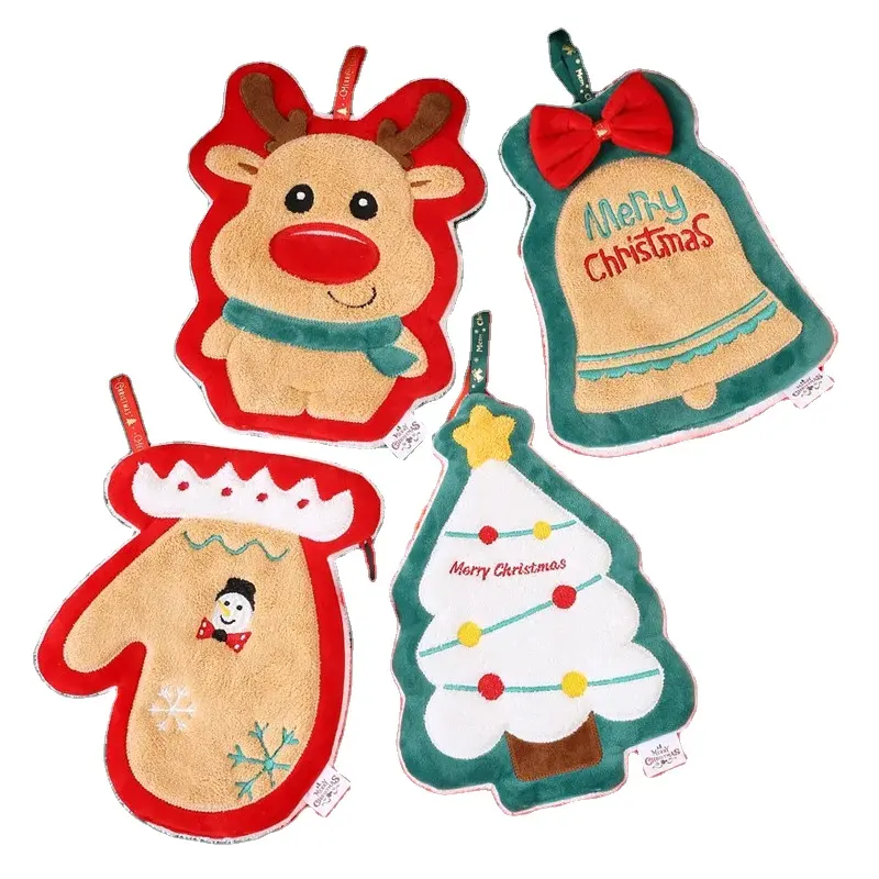 कस्टम क्रिसमस श्रृंखला माइक्रोफाइबर फ़्लफ़ी हैंगिंग कपड़े हाथ तौलिए बच्चों के आकार पॉलिएस्टर बुना कार्टून अवशोषक प्यारा उपहार