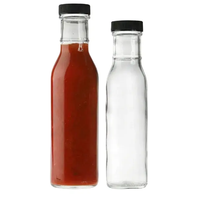Venta al por mayor 12 oz 350 ml botellas de salsa caliente de forma cuadrada redonda transparente para ensalada con tapas de plástico Rojo Negro