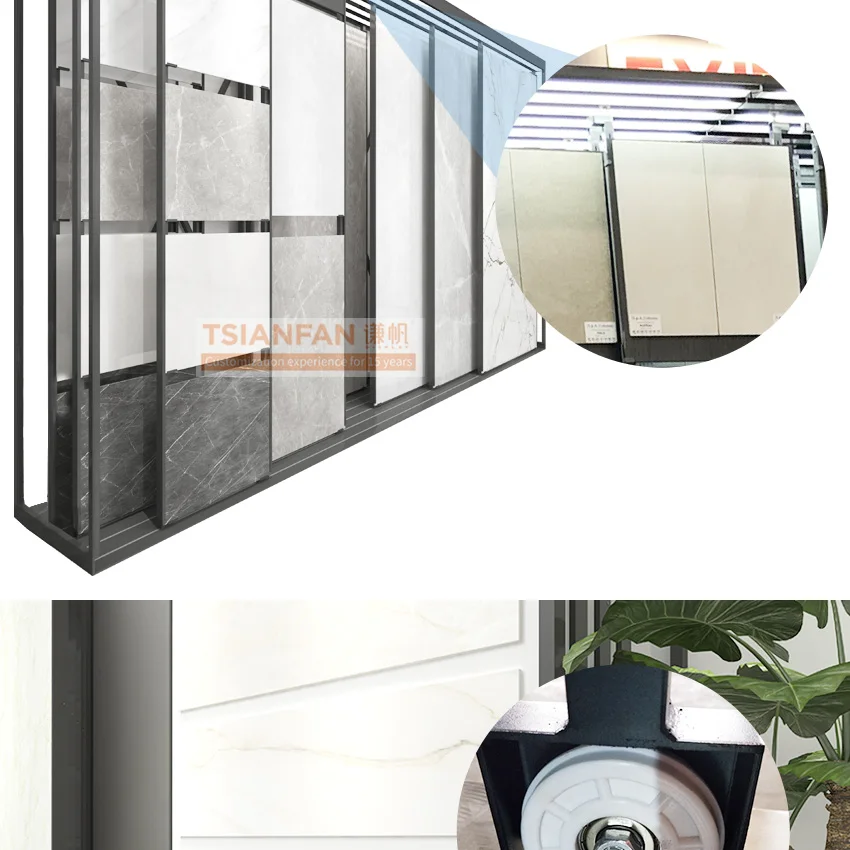 New design large metal horizontal push-pull fram showroom slate granite quartz sample artificial stone display rack